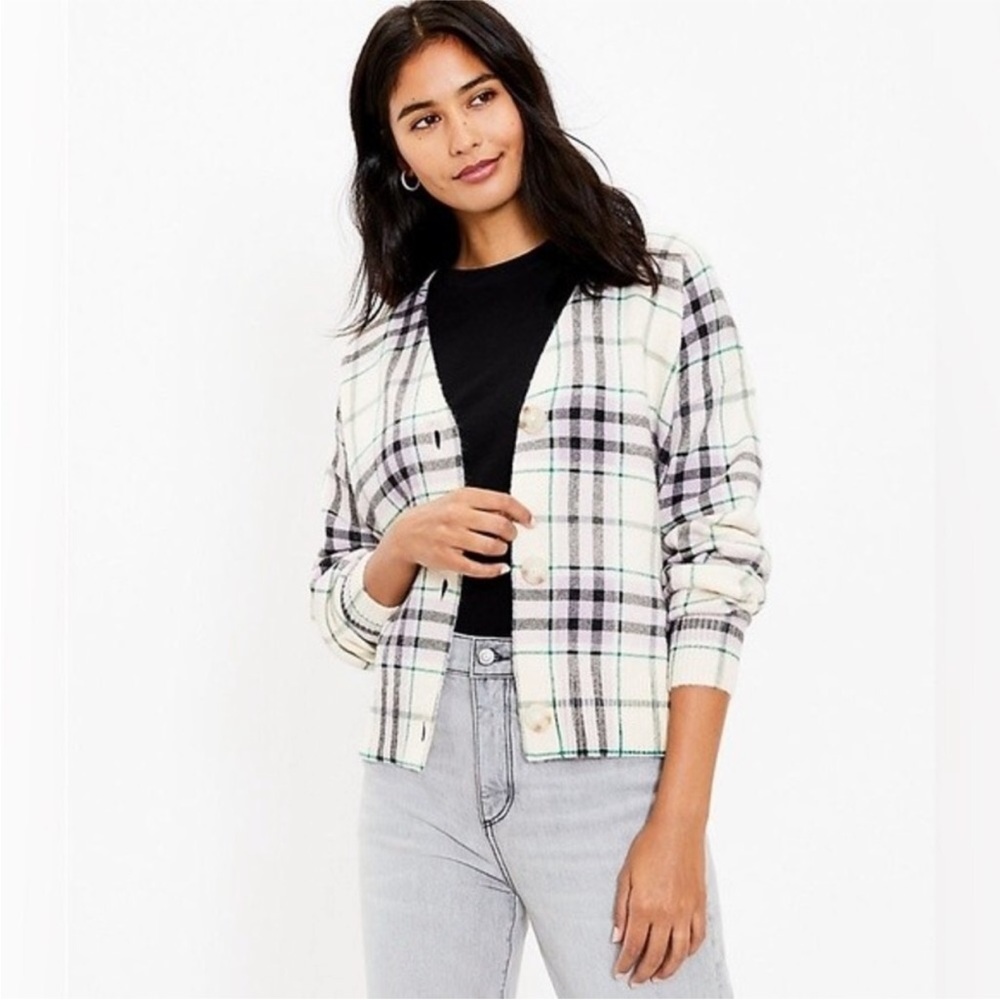LOFT Plaid Cardigan Sweater V-Neck Ribbed Multicolor Cream Black Purple & Green